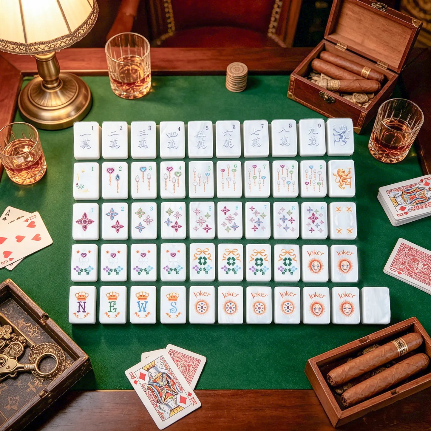 Mother-of-pearl mahjong tile set with elegant colourful artwork arranged on a luxury green game table