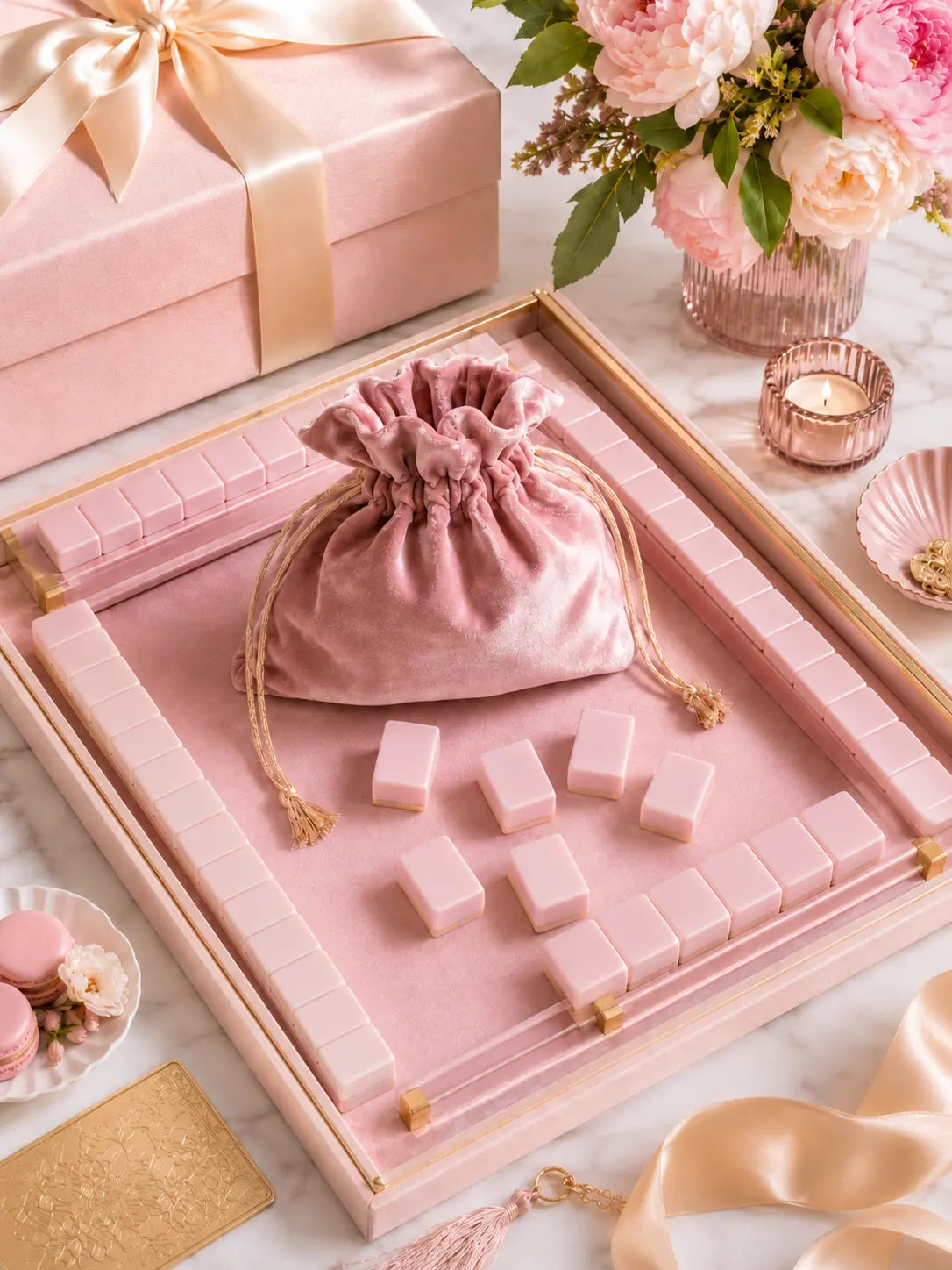 Luxury pink mahjong tile set with blank tile backs and elegant gift set presentation