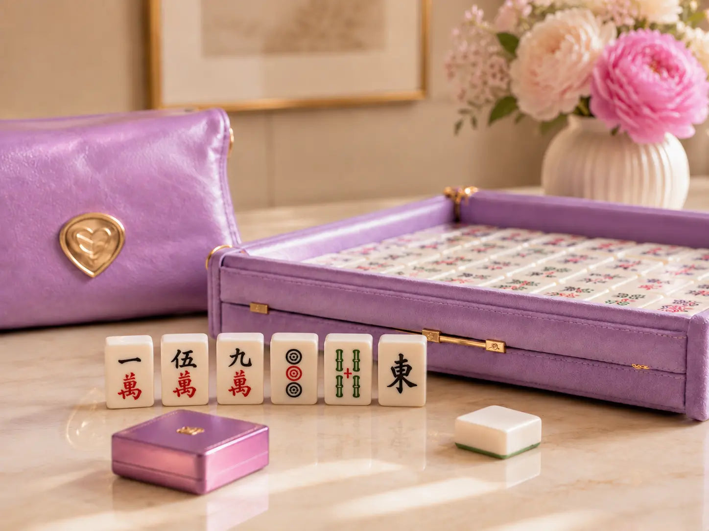 Luxury purple mahjong tile set with premium storage case and elegant tabletop display