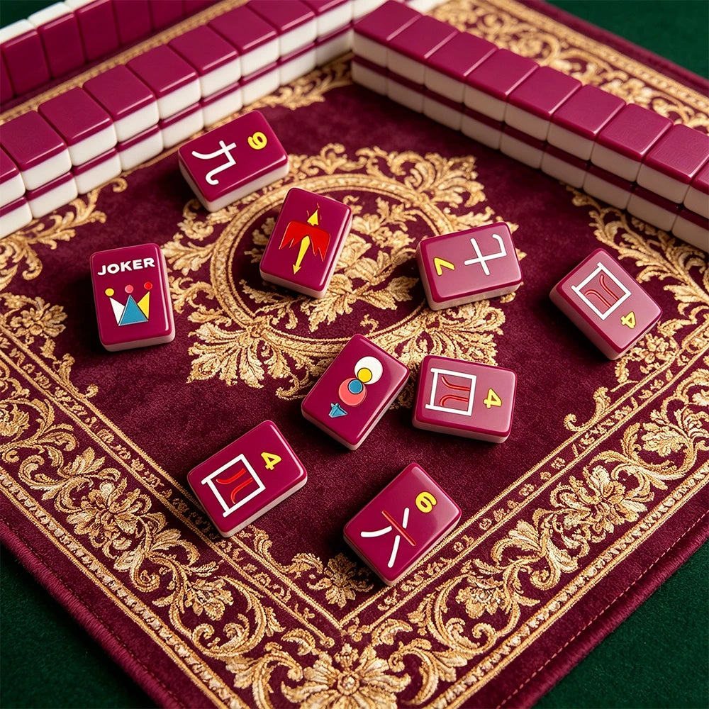 Single-layer neon purple mahjong tile set displayed on a luxury patterned game mat with colourful custom tile designs