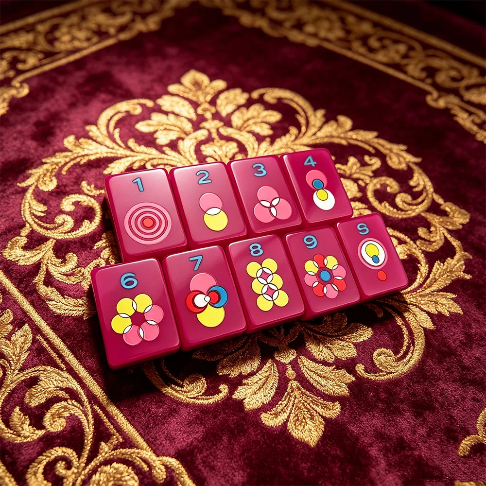 Single-layer neon purple mahjong tile set with colourful designs displayed on an elegant decorative table surface