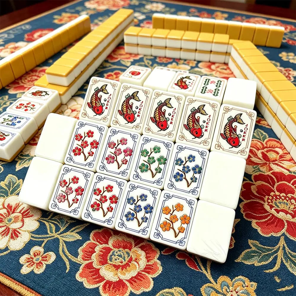 Turmeric yellow mahjong tile set arranged on a floral game mat with colourful patterned tiles