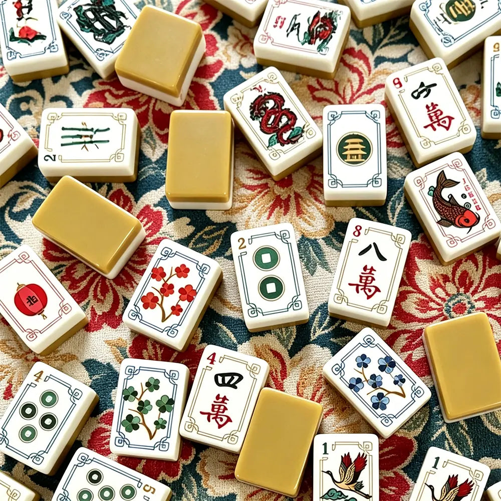 Close-up of turmeric yellow American mahjong tiles scattered on a floral game mat