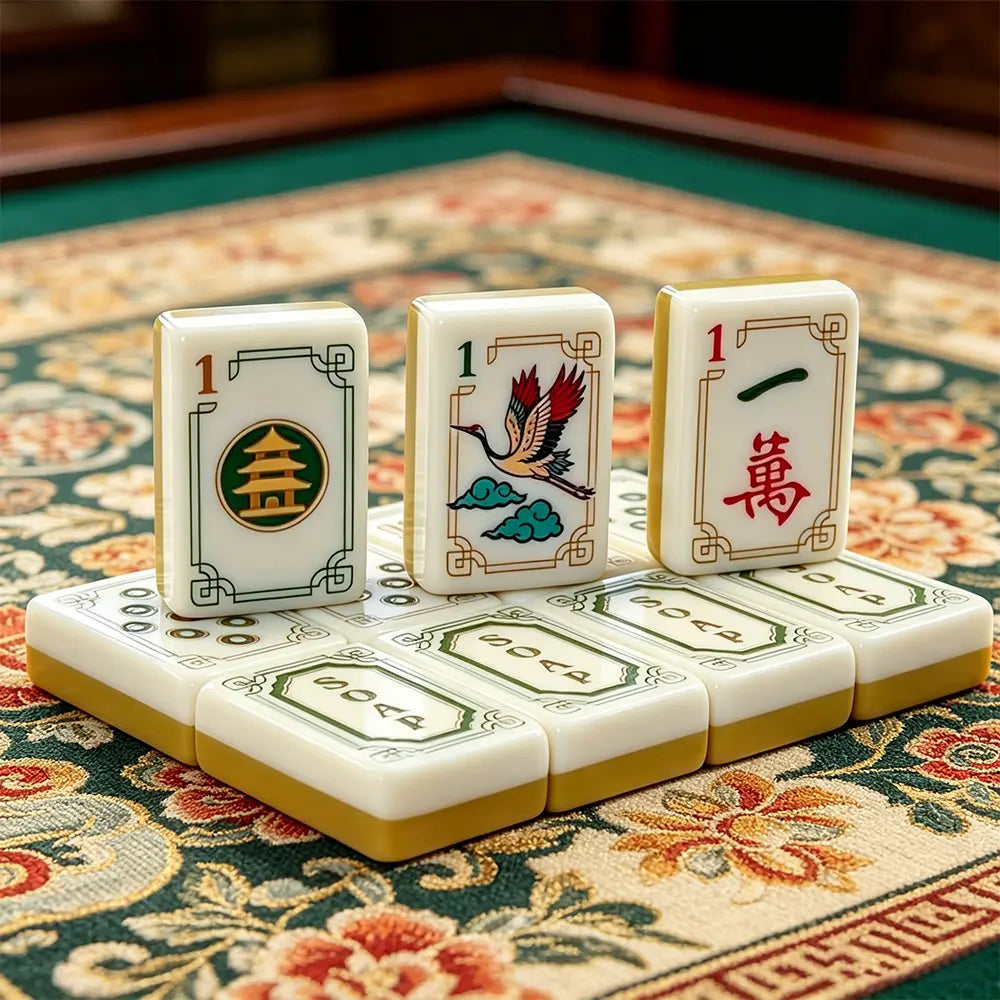 Turmeric yellow American mahjong tile set displayed on a floral game table with detailed engraved tile designs