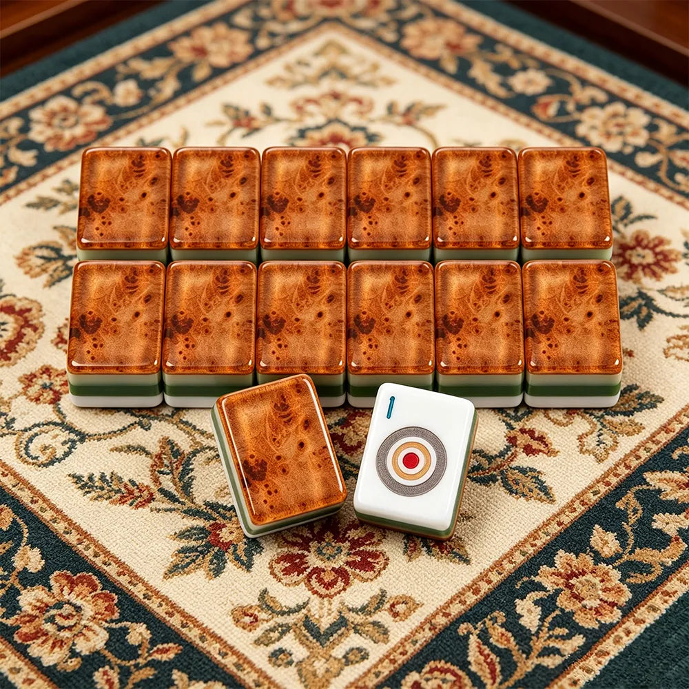 Amber wood mahjong table with traditional tile arrangement