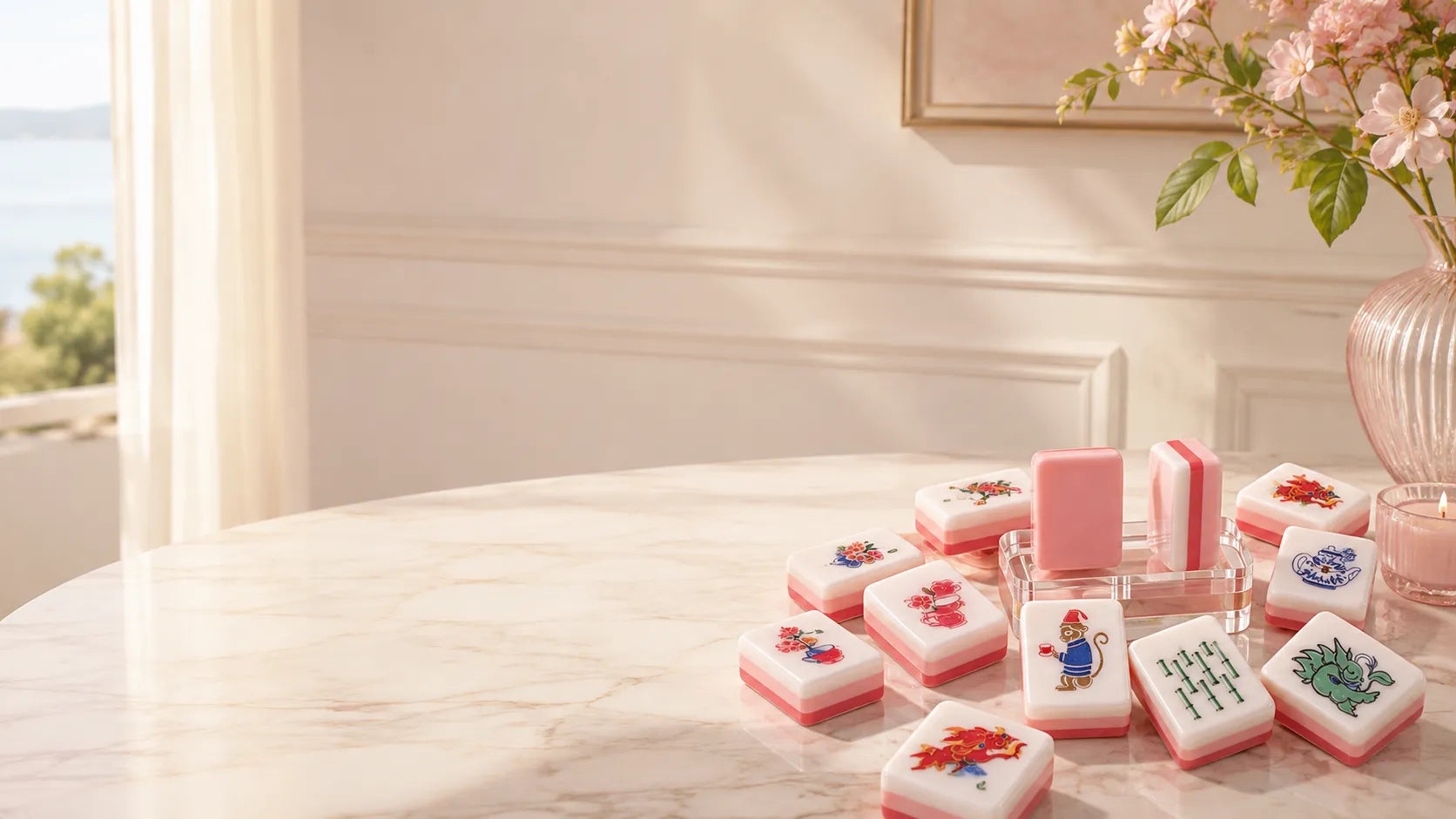Pink mahjong tiles and matching accessories styled with flowers and tea in a bright interior