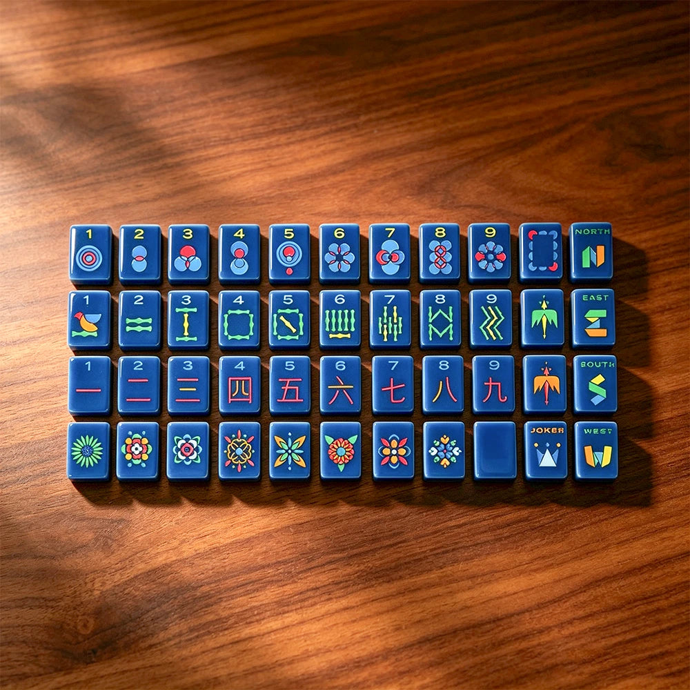 Blue grid mahjong table with organized tile placement