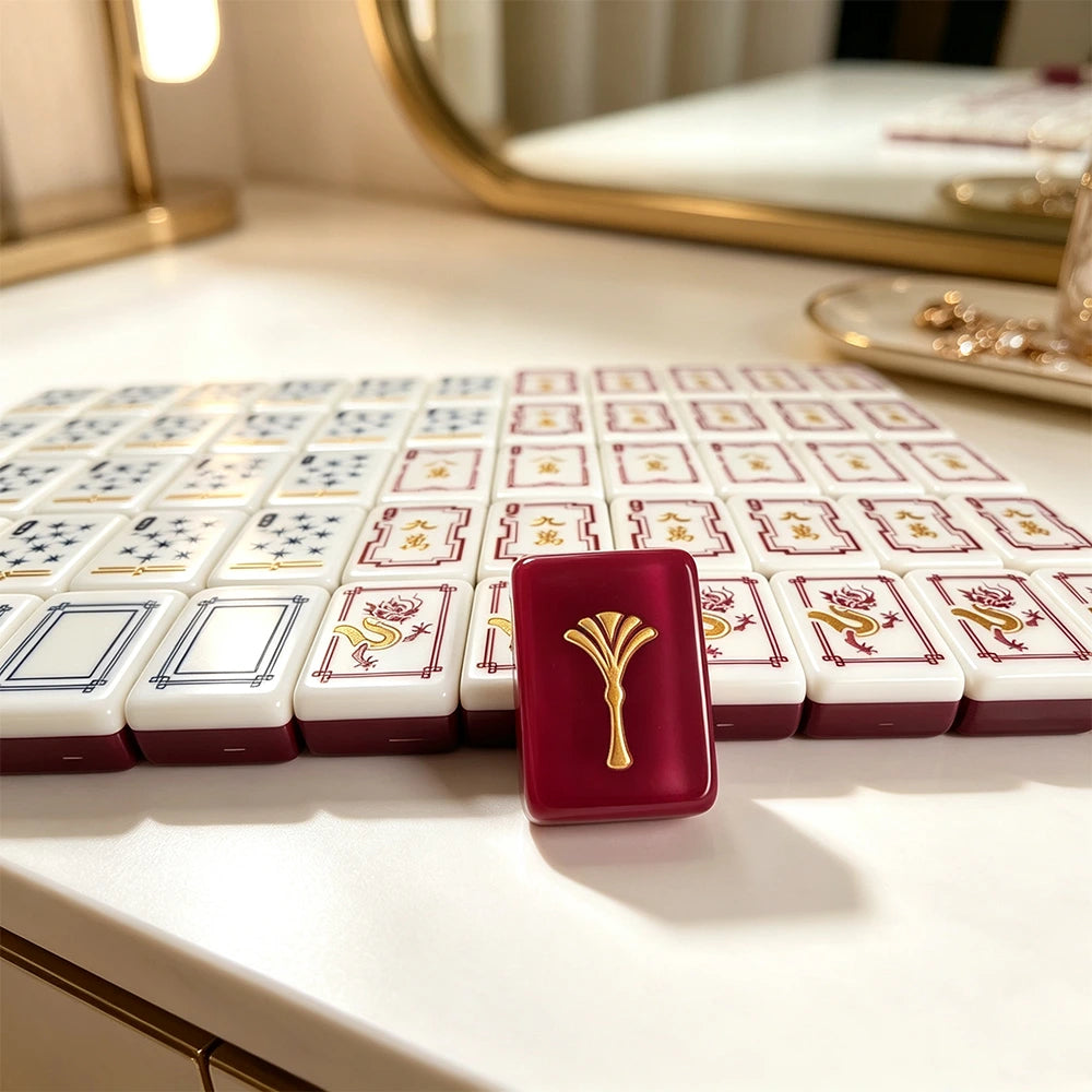 Classic wooden mahjong set displayed with elegant storage case