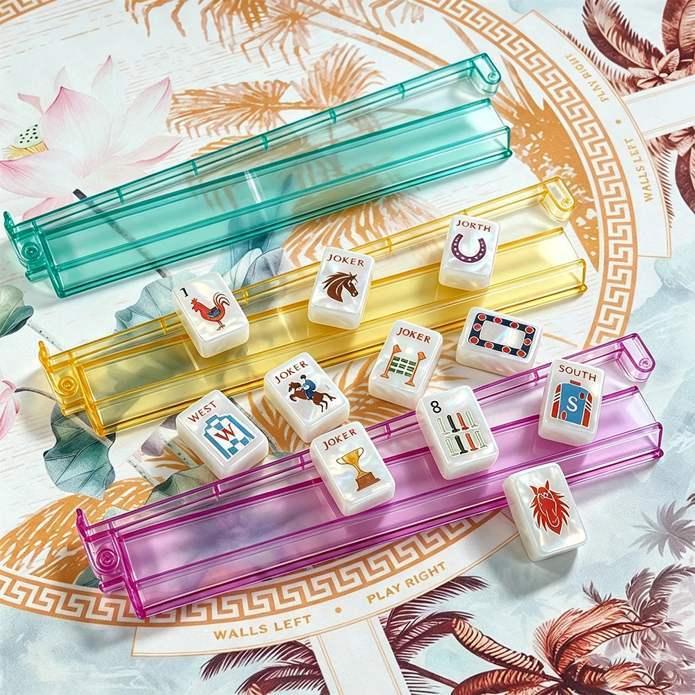 Colorful mahjong set display with vibrant tile details