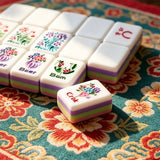 Colorful mahjong set displayed with premium accessories and elegant design