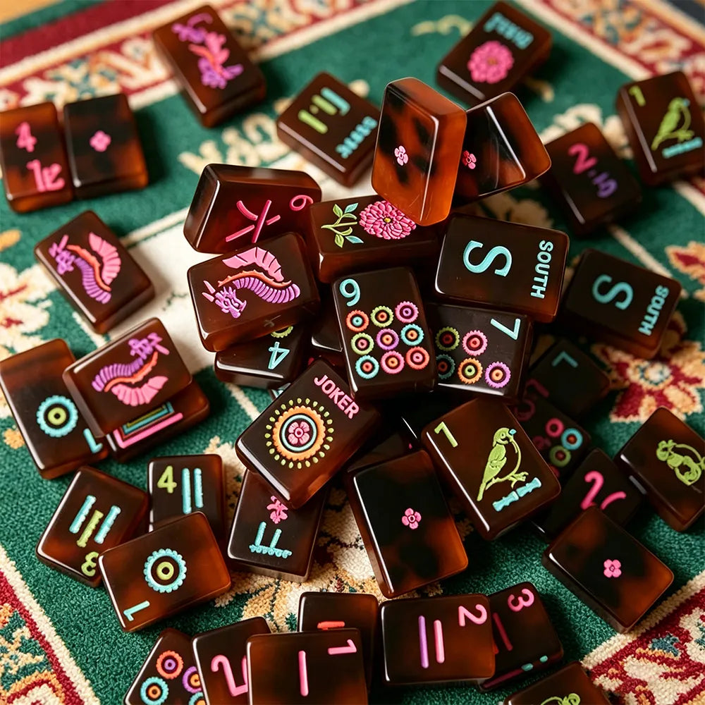 Colorful mahjong tile collection displayed in a luxury setting