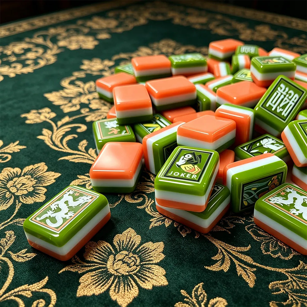 Colorful mahjong tile set displayed on a premium table