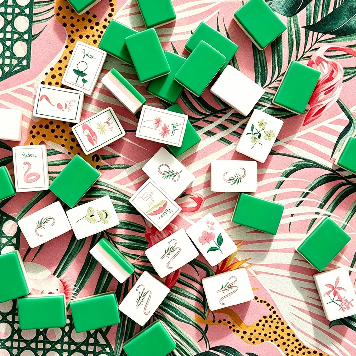 Colorful mahjong tiles arranged for display