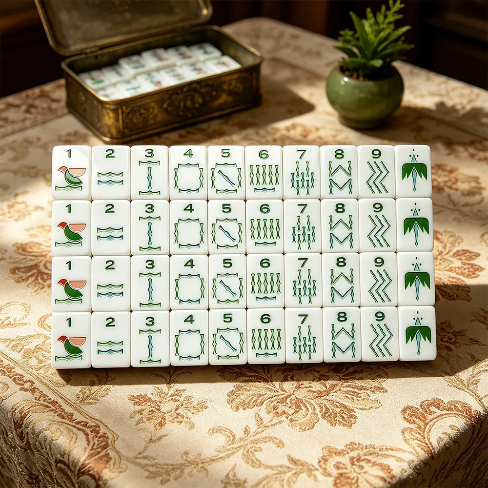 Cream and green mahjong table layout with refined tile arrangement