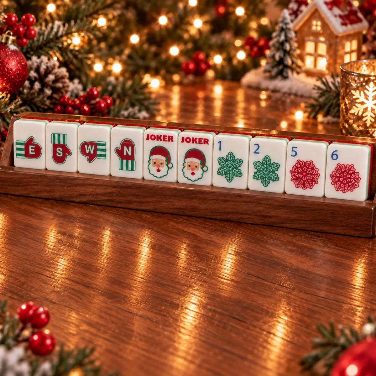 Wind and joker tiles with Santa and snowflake designs on a wooden rack with holiday lights