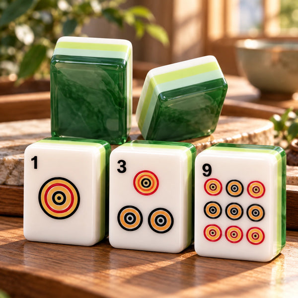 Close-up of jade green layered mahjong tiles with dot tiles in soft morning light