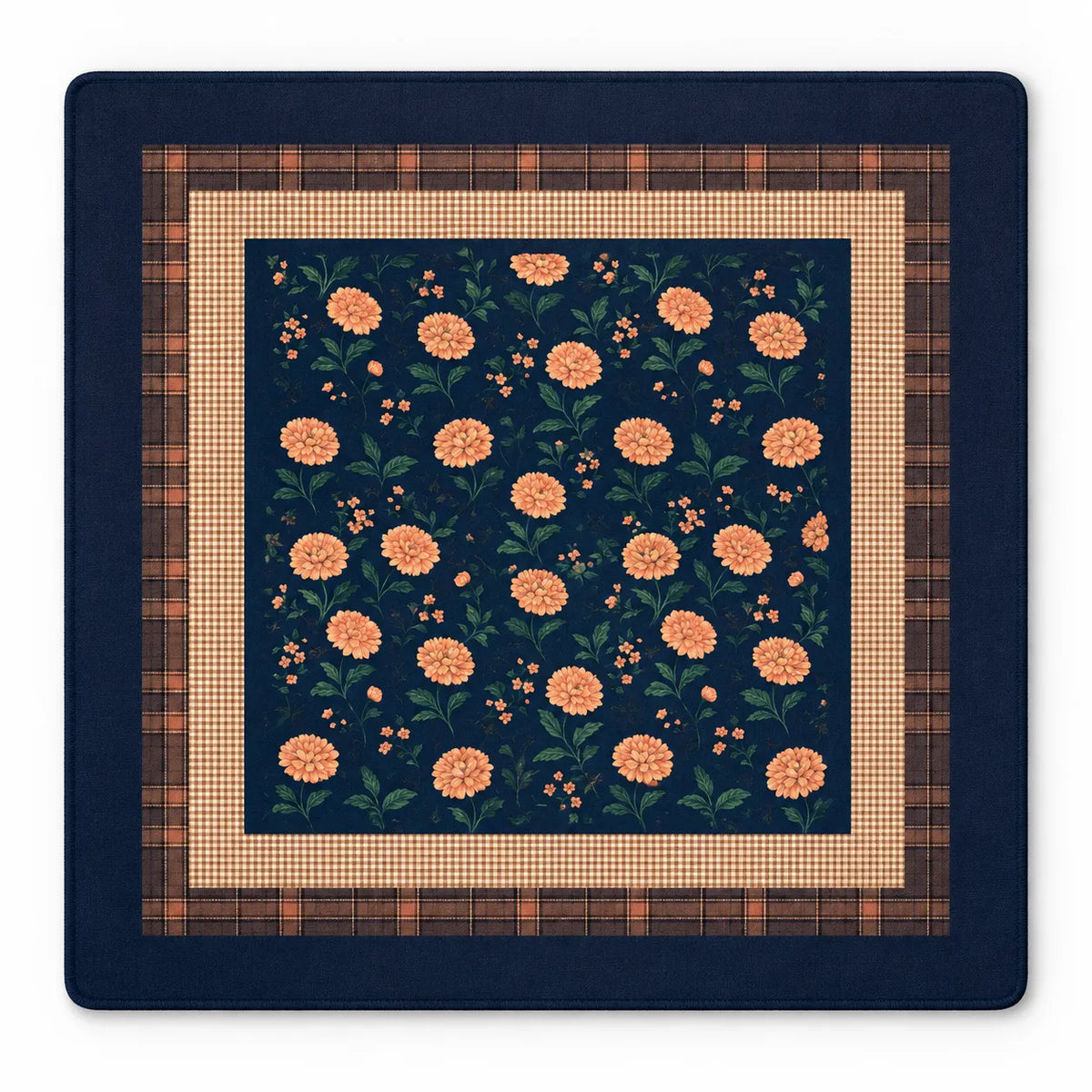 Navy Blossom Mahjong mat with peach floral pattern