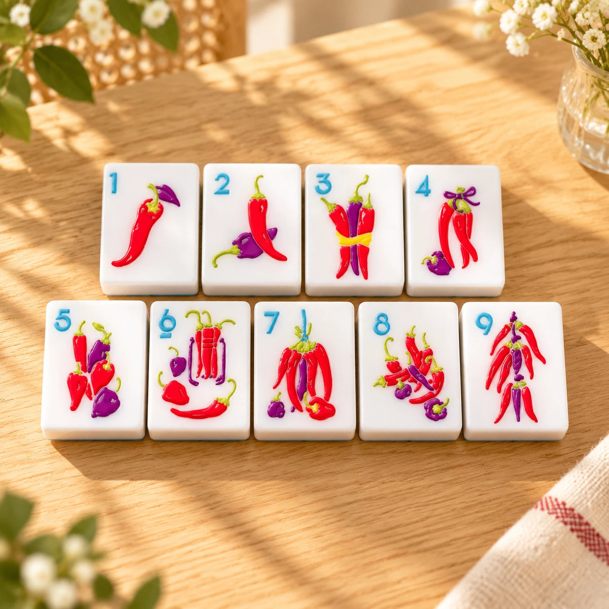 Food-themed mahjong tiles with red artwork arranged in rows on a warm wooden table