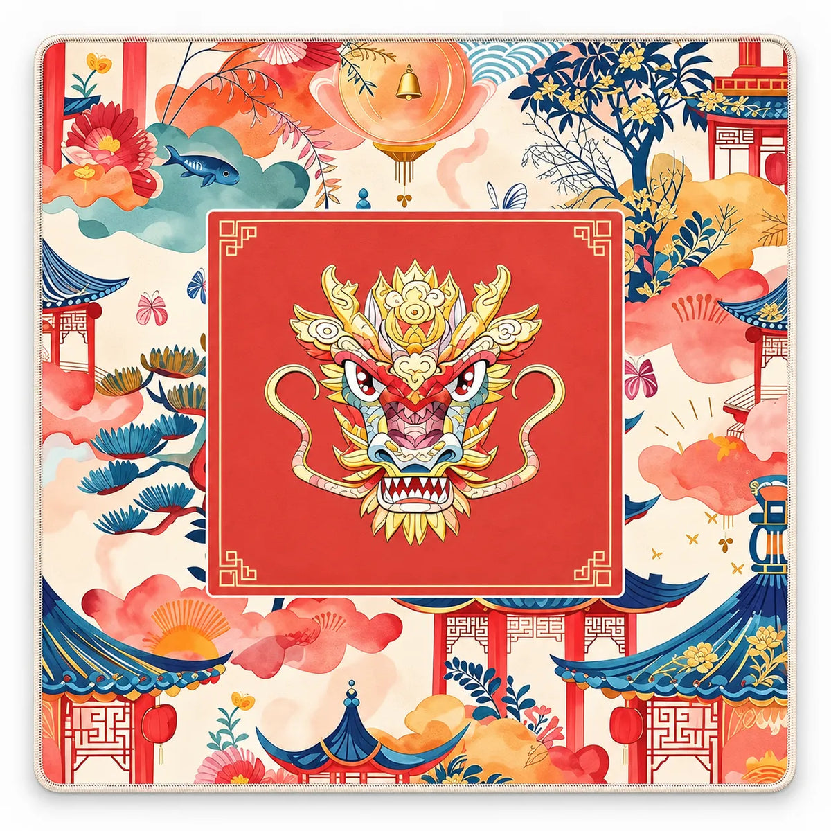 Chinese Dragon Mahjong mat with red dragon and traditional Asian design
