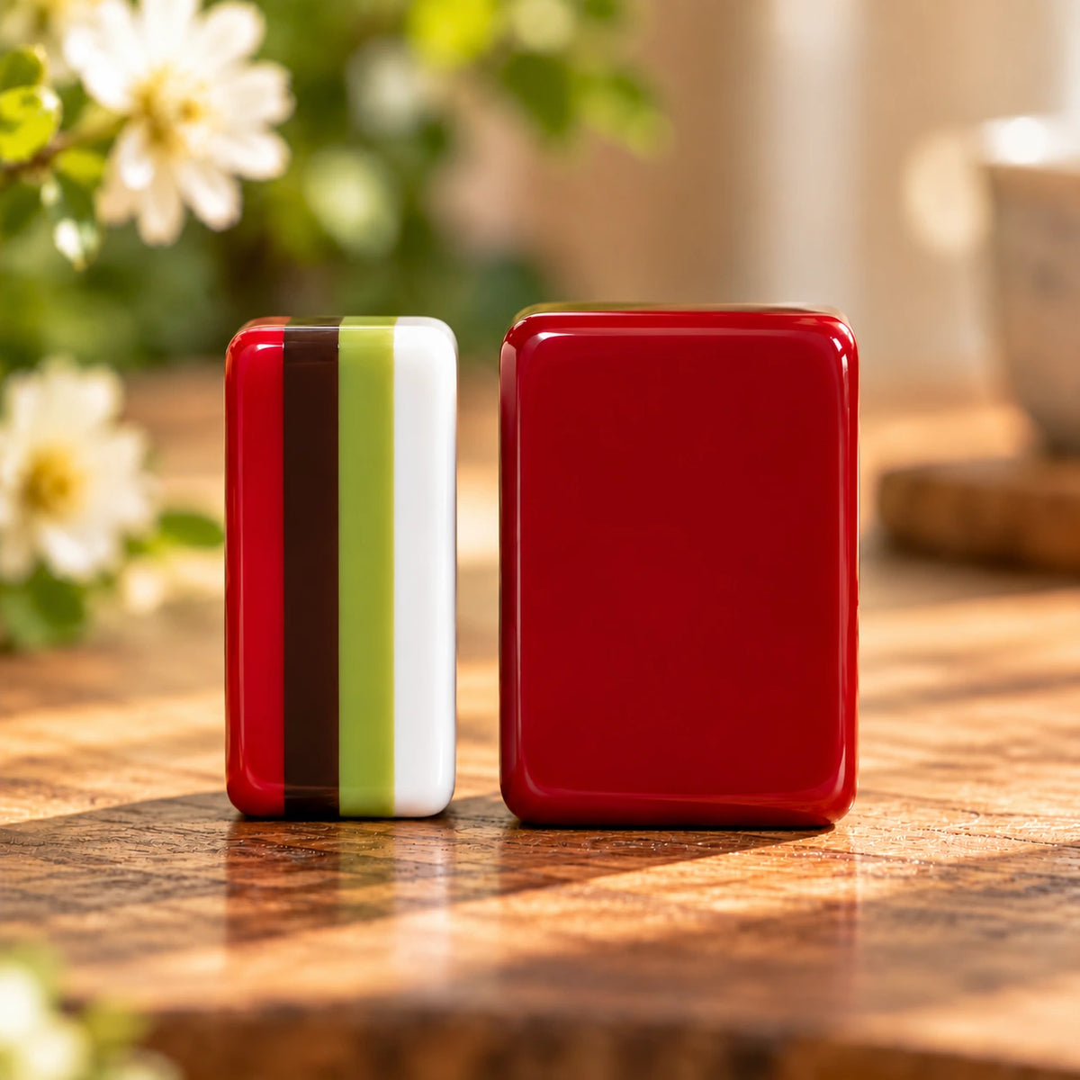 American Mahjong tile backs in red and gold layered design