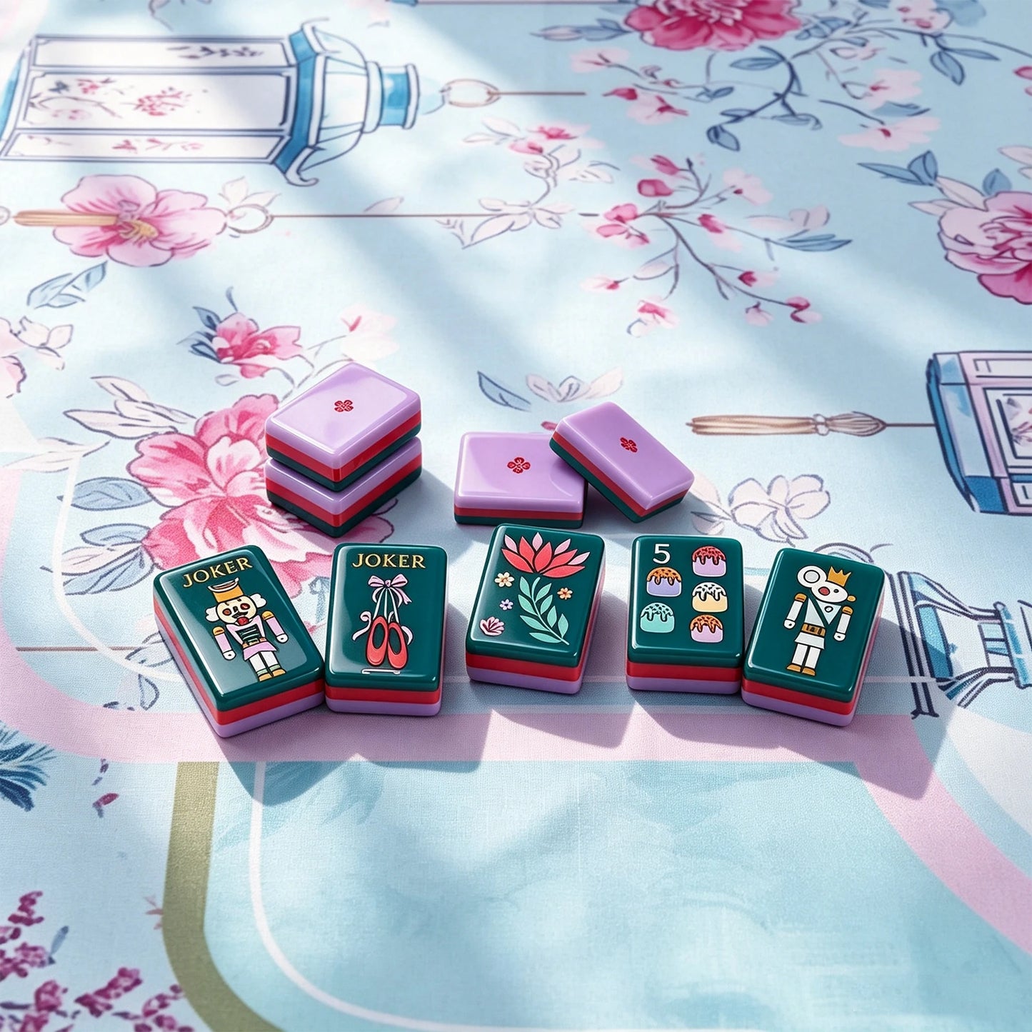 Icy blue mahjong display with stylish tile arrangement