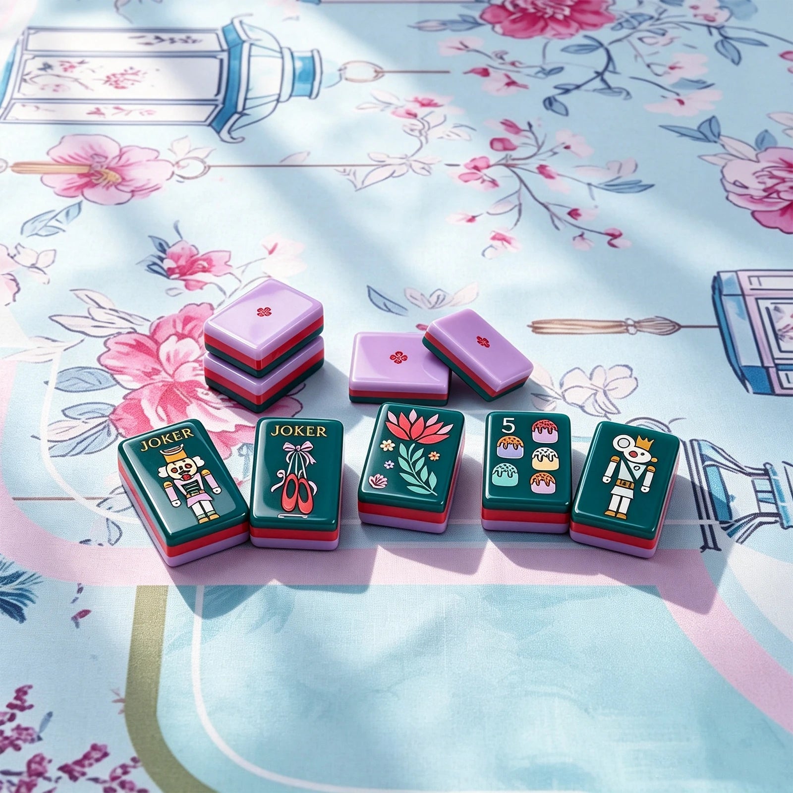 Icy blue mahjong display with stylish tile arrangement