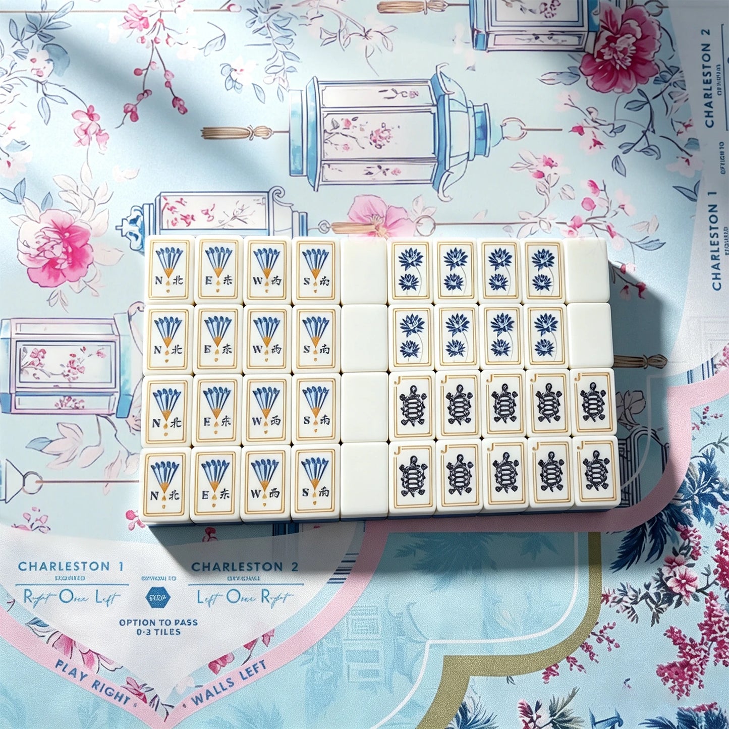 Light blue mahjong table design with elegant tile setup