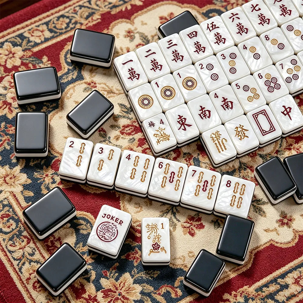 Luxury mahjong table arrangement with colorful tiles and accessories