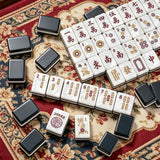 Luxury mahjong table arrangement with colorful tiles and accessories