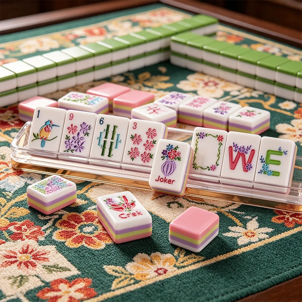Luxury pink mahjong table display with elegant tile arrangement