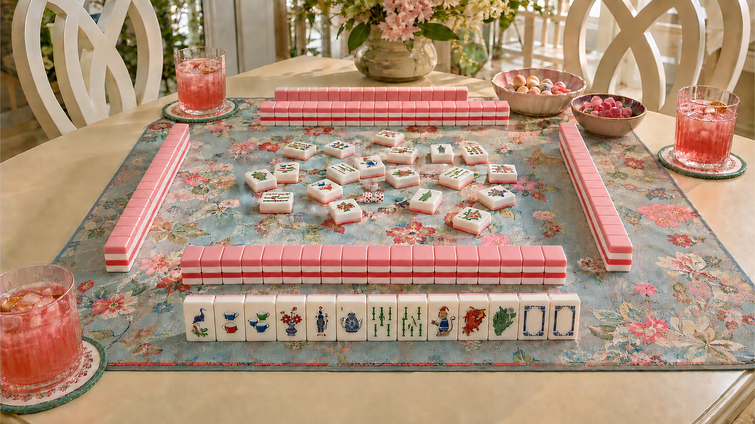 High-resolution pink mahjong set displayed on a floral mat with matching accessories