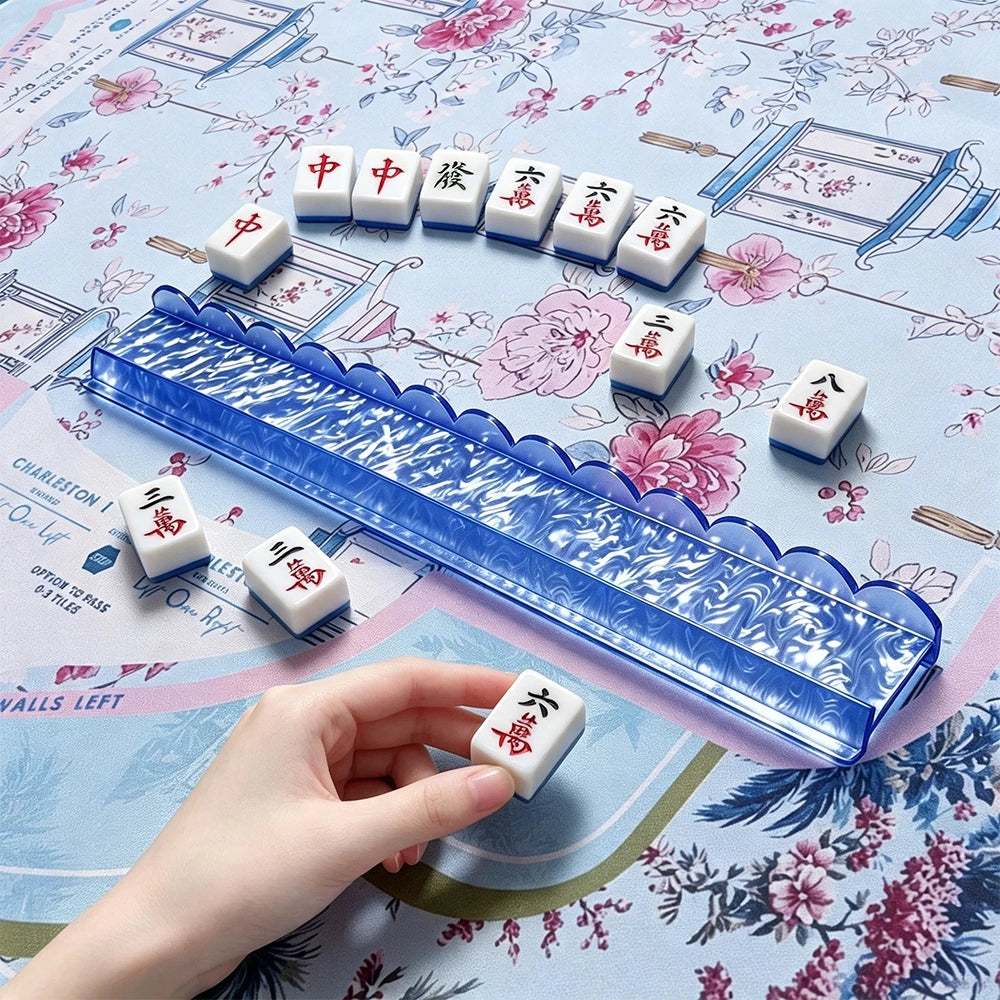 Mahjong tile pusher handling demonstration with acrylic push stick and tiles