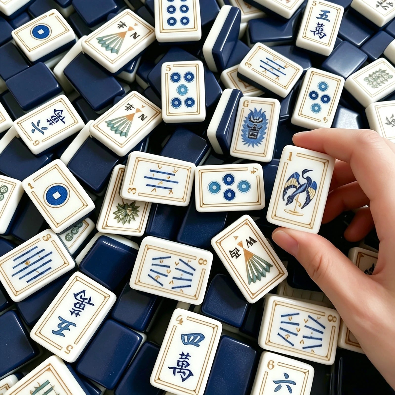Mahjong tiles displayed with hands arranging the game setup