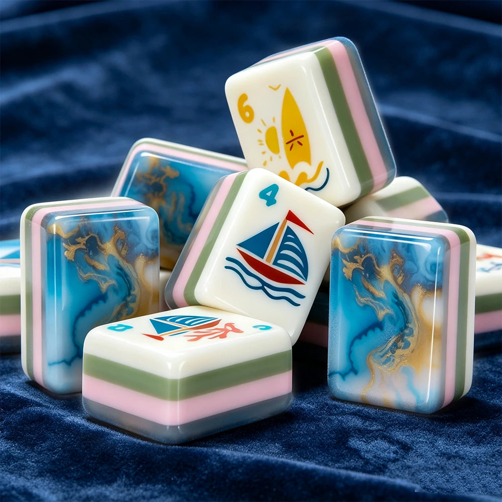 Navy blue mahjong set with elegant accessories and storage case
