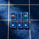 Navy mahjong tile showcase with elegant lighting design