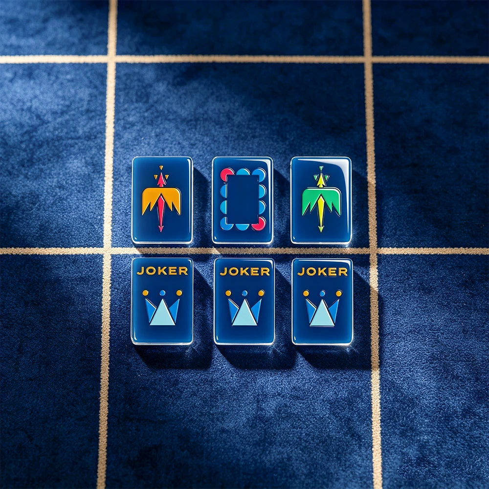 Navy mahjong tile showcase with elegant lighting design
