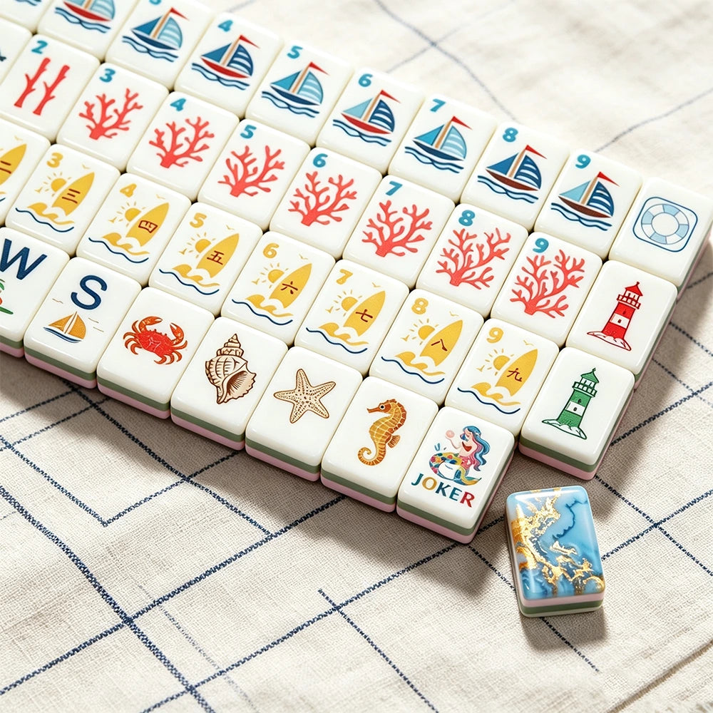 Pastel colored mahjong tile set arranged for display