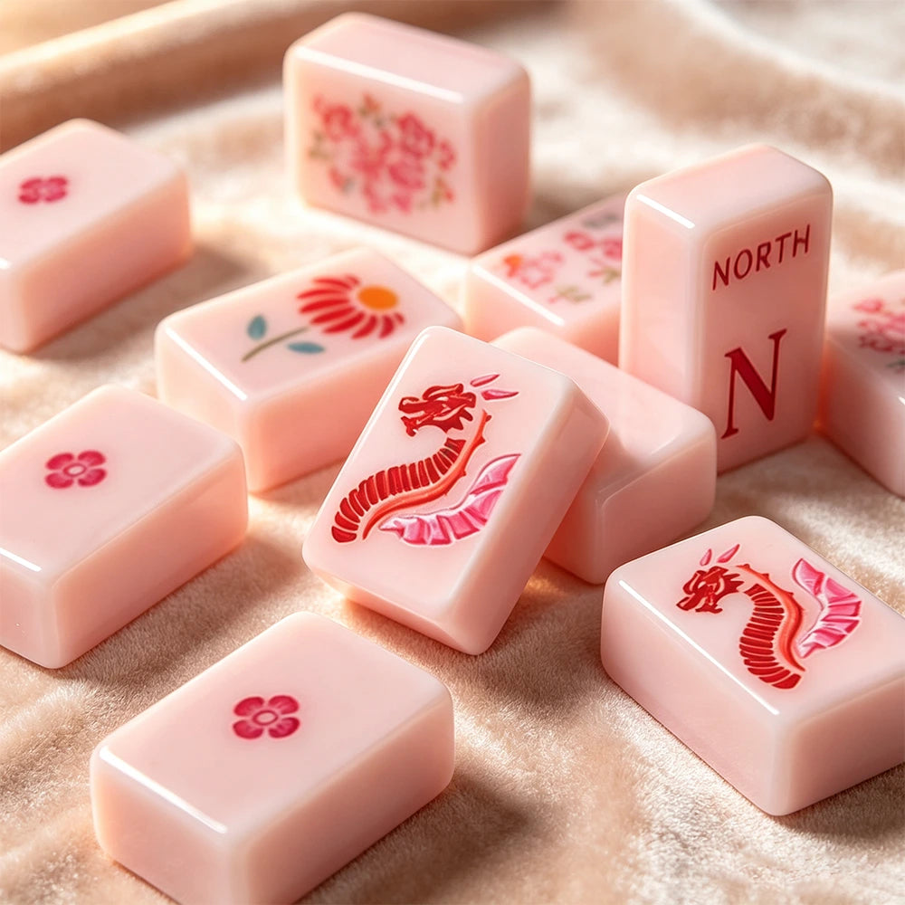 Detailed display of a premium pink mahjong set
