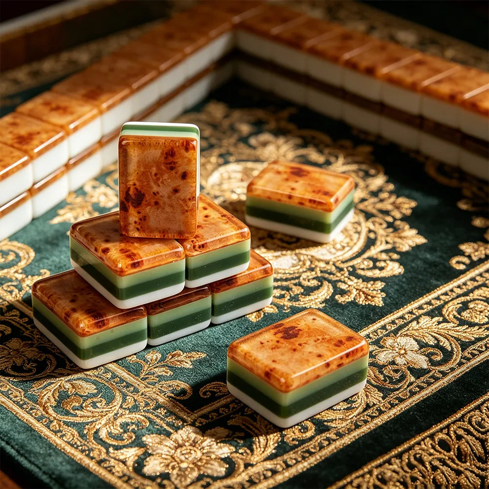 Premium brown mahjong set with luxury wooden accessories