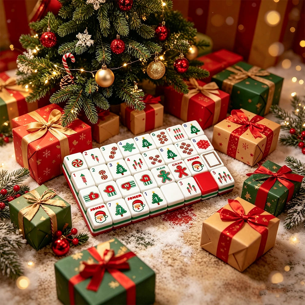Red floral mahjong table display with decorative tile setup