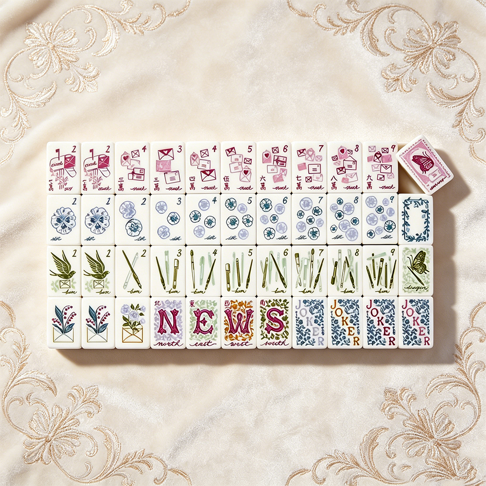 Soft white mahjong tile set with delicate decorative details