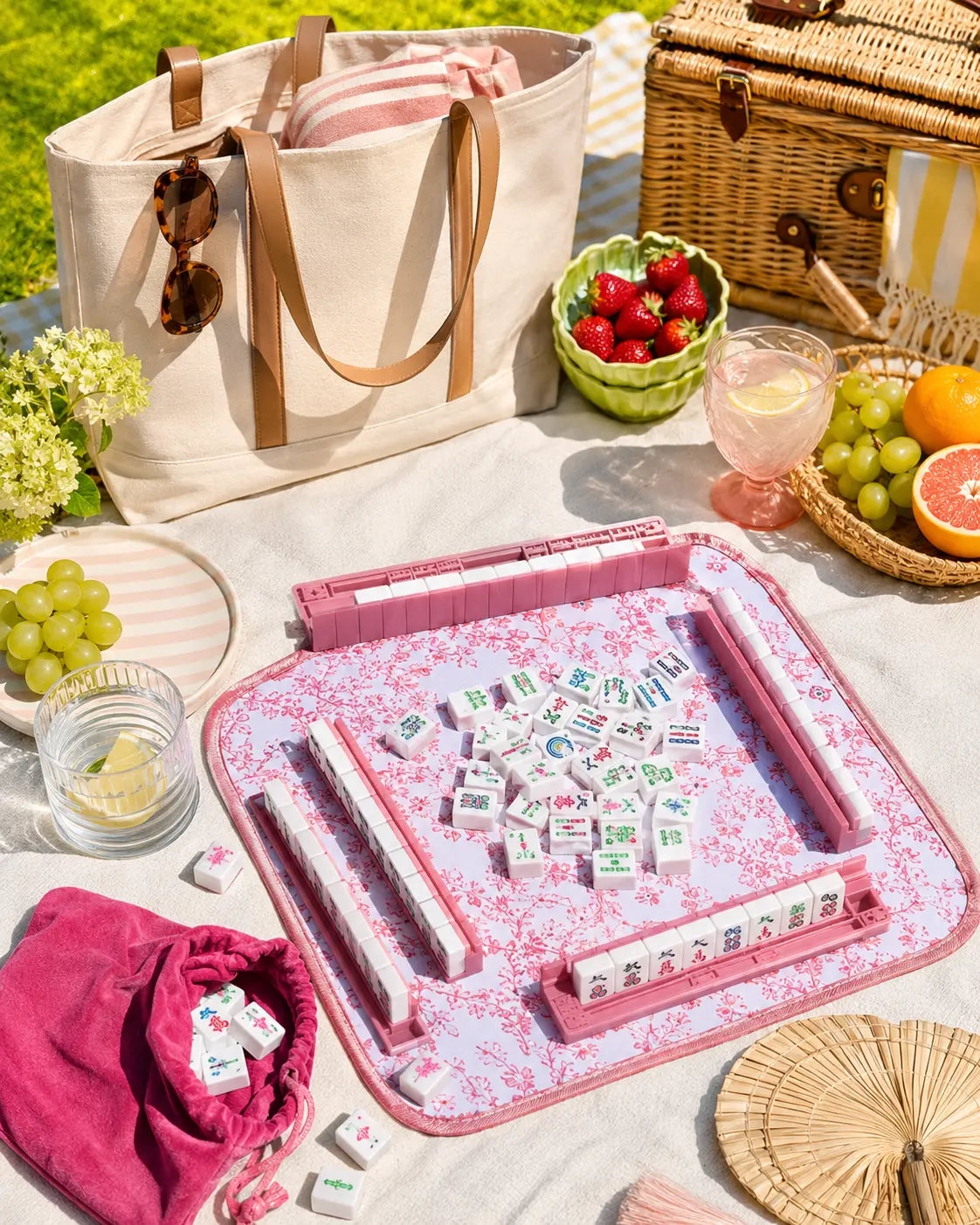 Portable pink travel mahjong set displayed on a picnic blanket with fruit, drinks, tote bag, basket, and sunny outdoor decor.