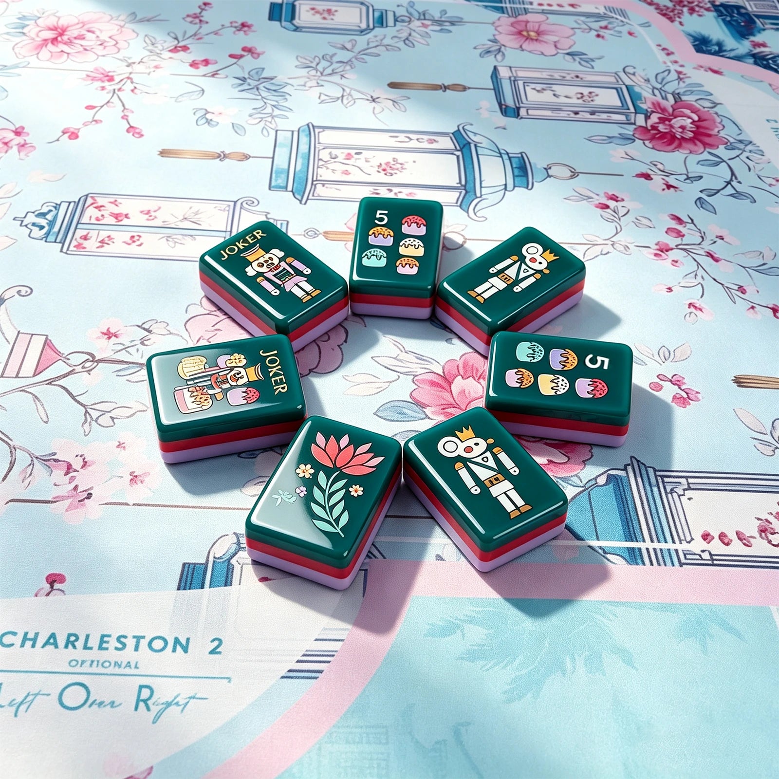Turquoise mahjong tile art display with decorative patterns