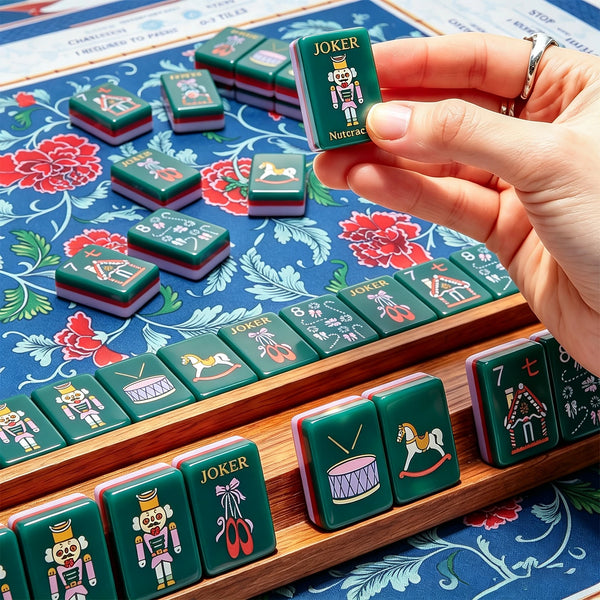 Vibrant blue mahjong play area with colorful tile details