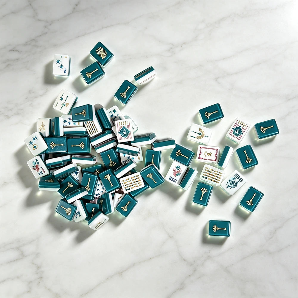 White and blue mahjong tiles arranged in a modern display