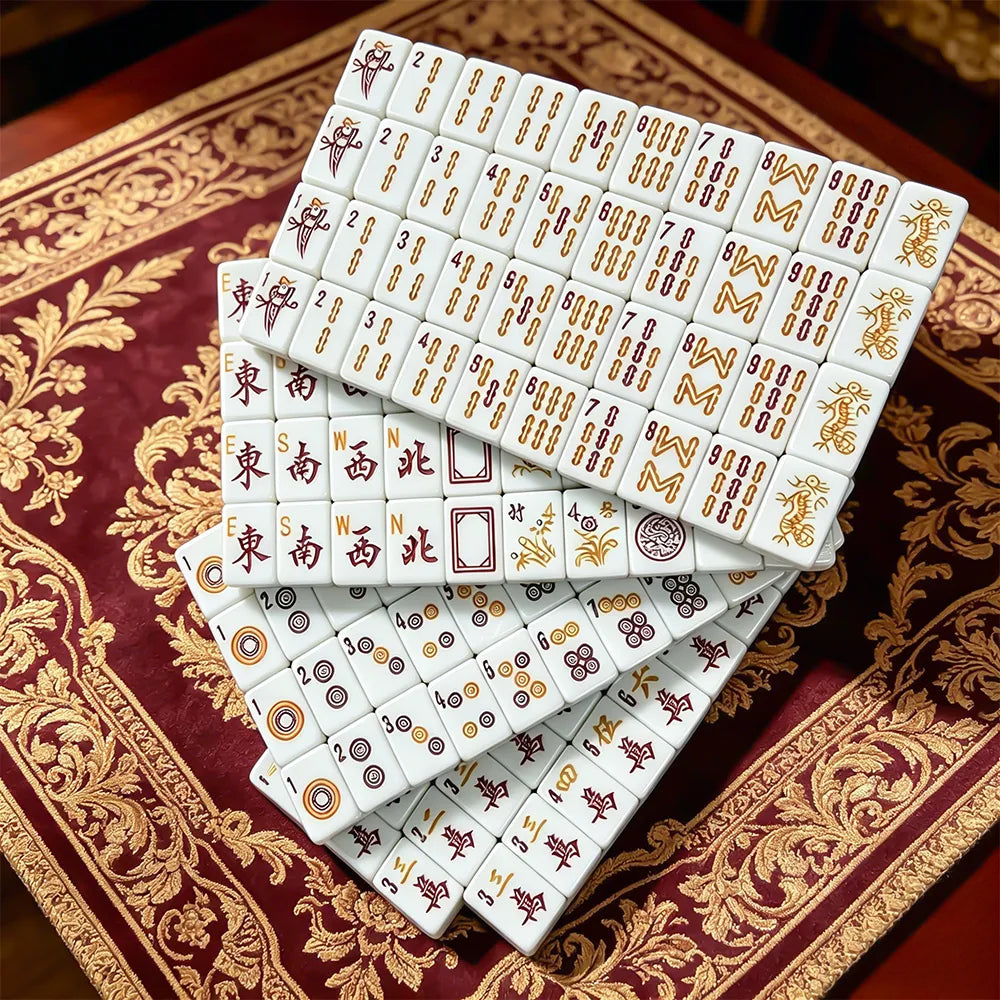 White mahjong tile set arranged in a premium display setting