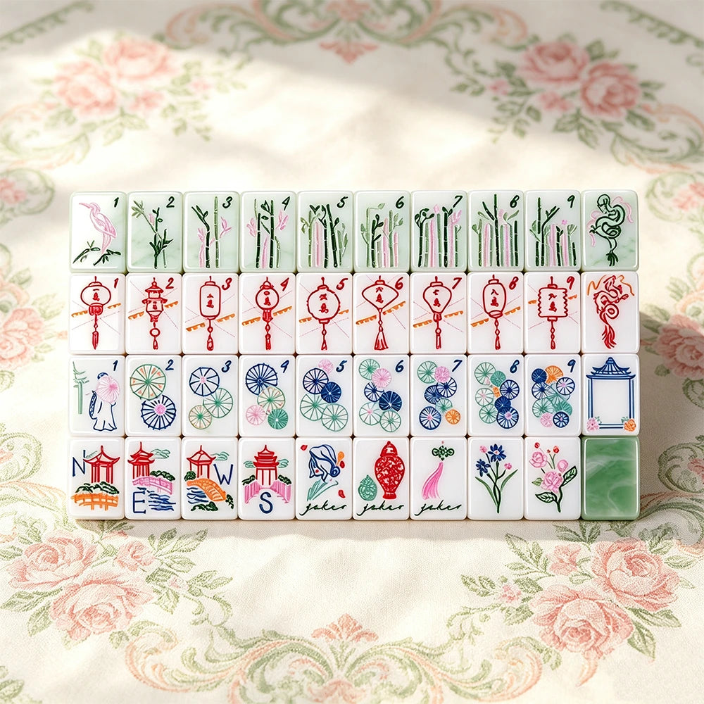 White pastel mahjong display with soft elegant tile arrangement