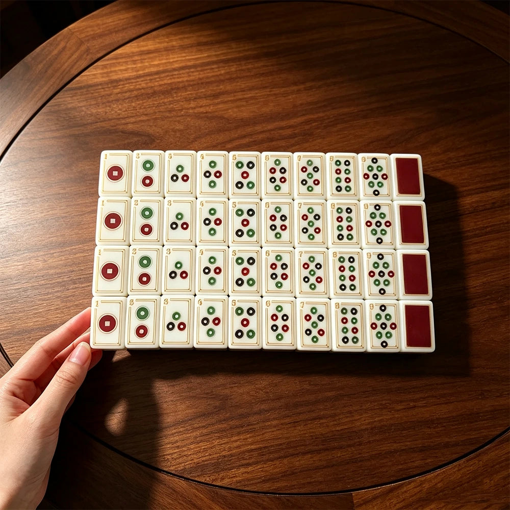 Classic wooden mahjong table with traditional tile layout