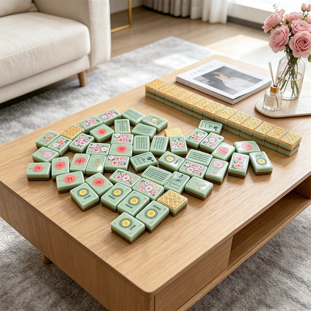 Wooden tray mahjong set display with elegant tile arrangement